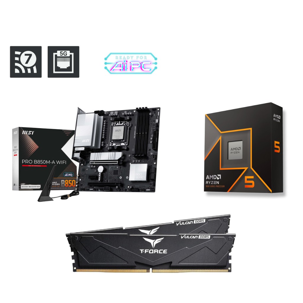 AMD R5 9600X CPU + MSI PRO B850M-A WIFI Motherboard + T-Force 32GB D5 6000MHz CL30 RAM