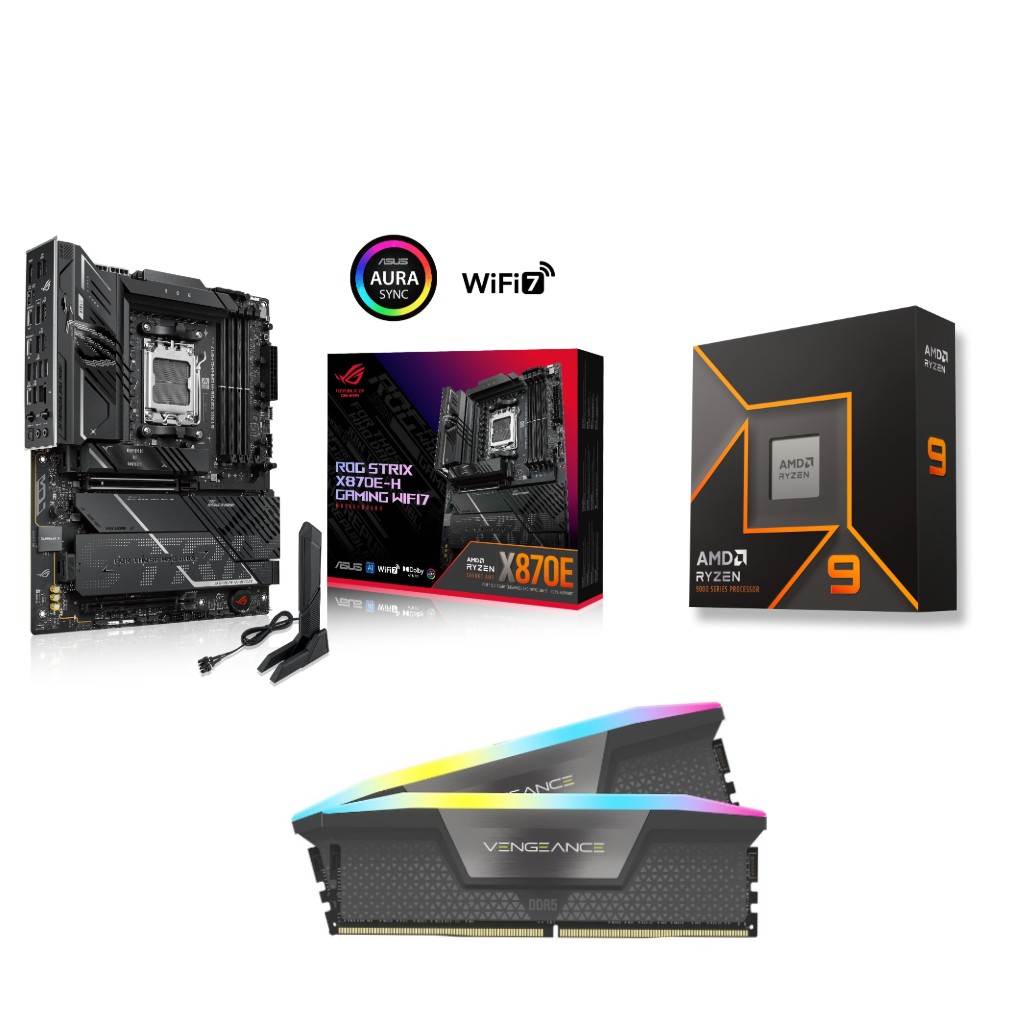 AMD R9 9950X CPU + ASUS ROG STRIX X870E-H GAMING WIFI7 Motherboard + CORSAIR RGB 64GB D5 6000MHz Black RAM