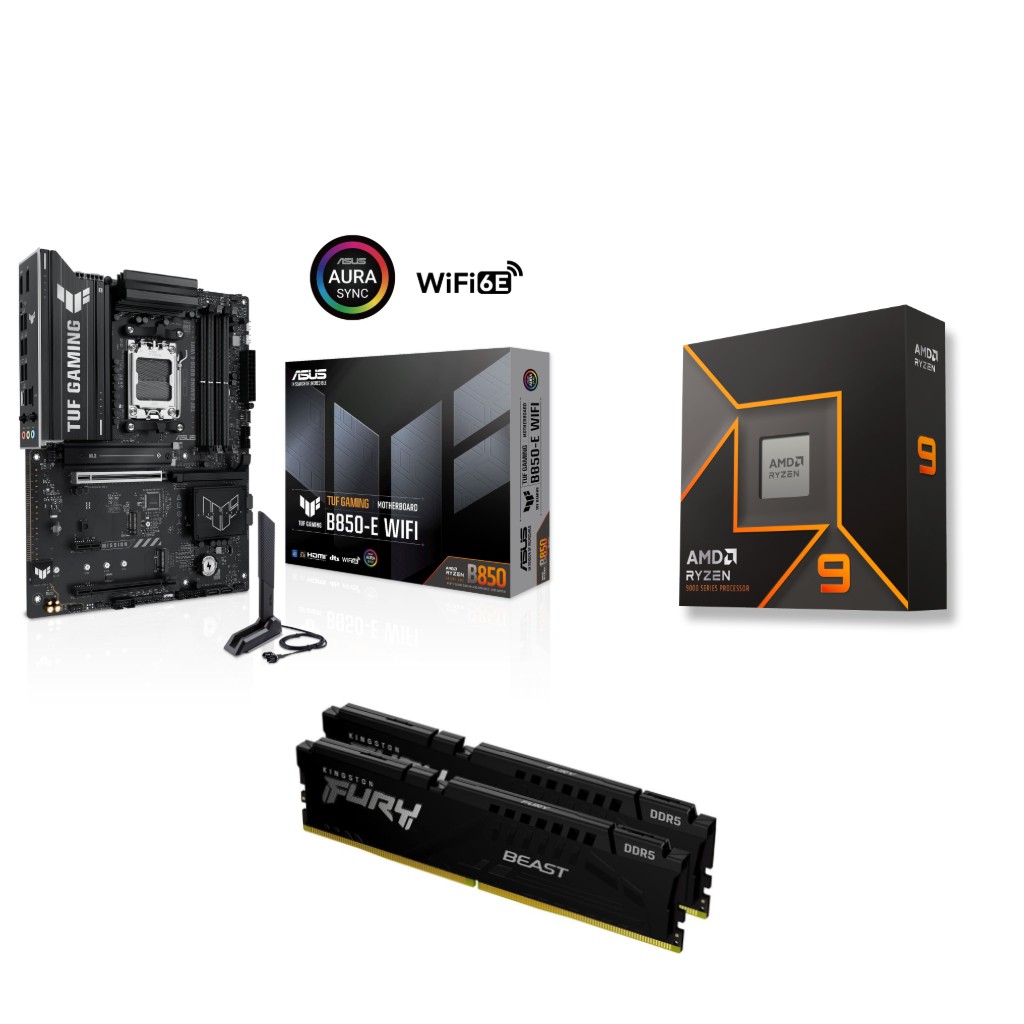 AMD Ryzen 9 9950X CPU + ASUS TUF GAMING B850-E WIFI Motherboard + KINGSTON 64GB D5 6000MHz RAM