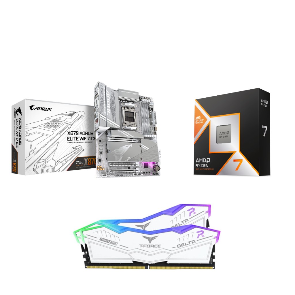 AMD R7 9800X3D CPU + GIGABYTE X870 AORUS ELITE WIFI7 ICE Carte mère + T-Force RGB 32GB D5 6000MHz CL30 White RAM