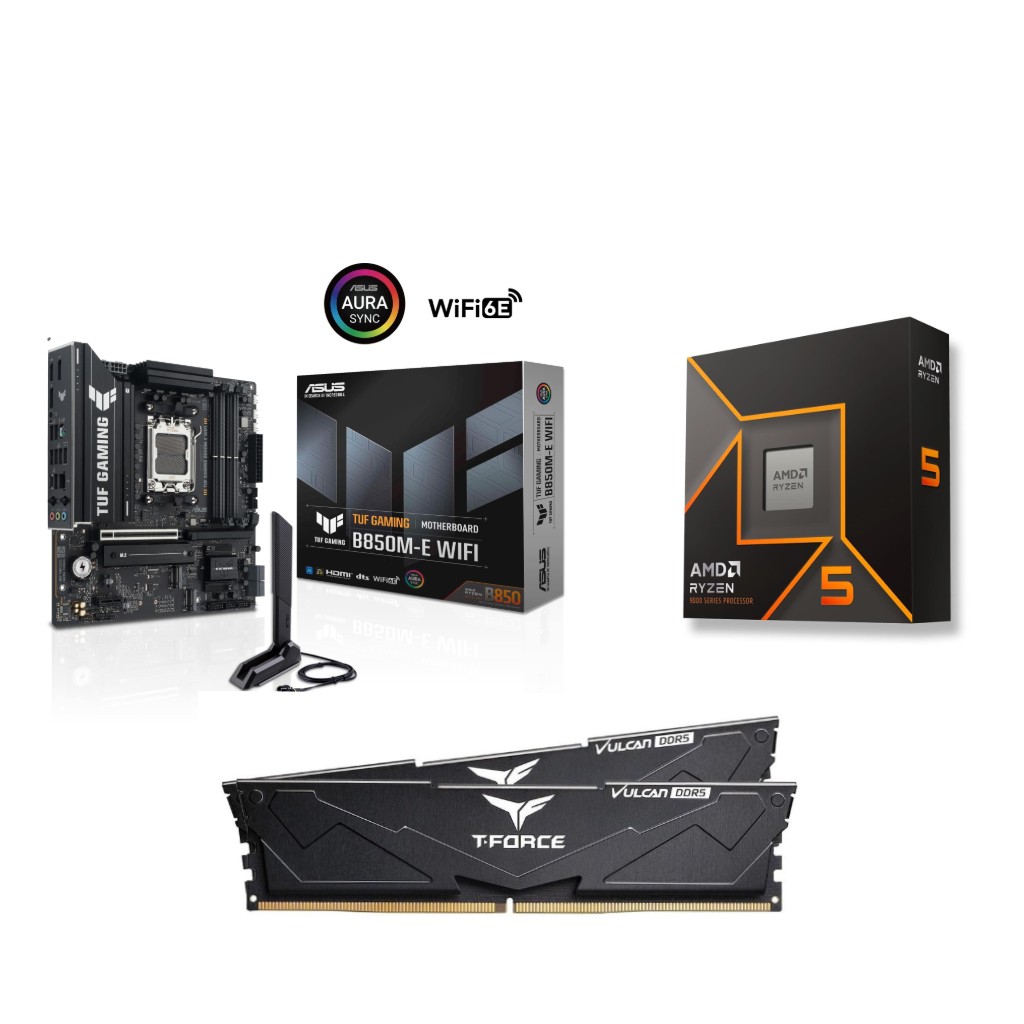 AMD Ryzen 5 9600X CPU + ASUS TUF GAMING B850M-E WIFI Carte Mère + T-Force 32GB D5 6000MHz CL30 RAM