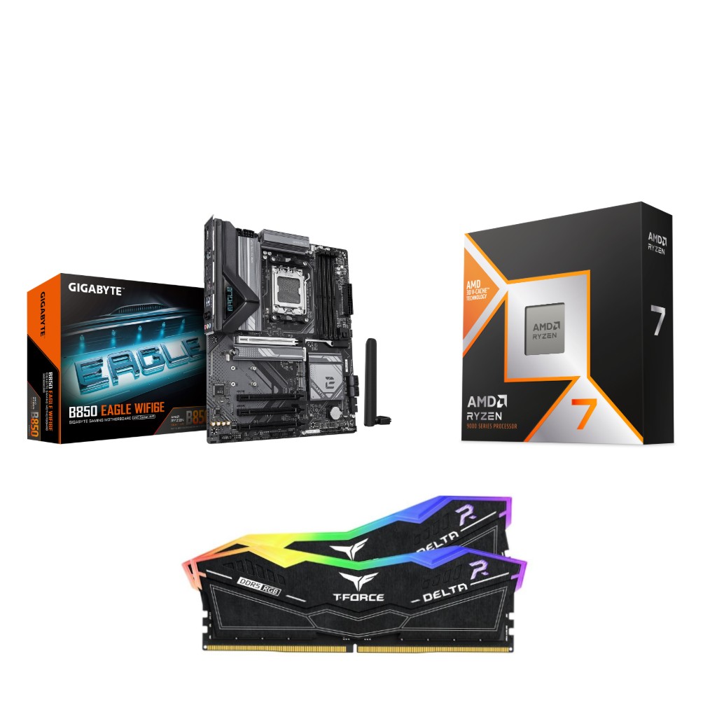 AMD Ryzen 7 9800X3D CPU + GIGABYTE B850 EAGLE WIFI6E Motherboard + T-Force RGB 32GB D5 6000MHz CL30 Black RAM