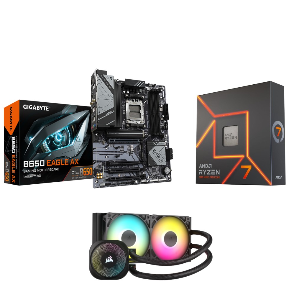 AMD Ryzen 7 7700X CPU + GIGABYTE B650 EAGLE AX Motherboard + CORSAIR NAUTILUS 240 RS ARGB Liquid CPU Cooler