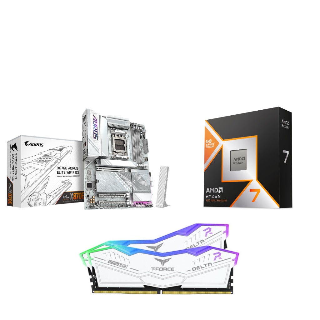 AMD Ryzen 7 9800X3D CPU + GIGABYTE X870E AORUS ELITE WIFI7 Carte Mère + T-Force RGB 32GB D5 6000MHz CL30 White RAM