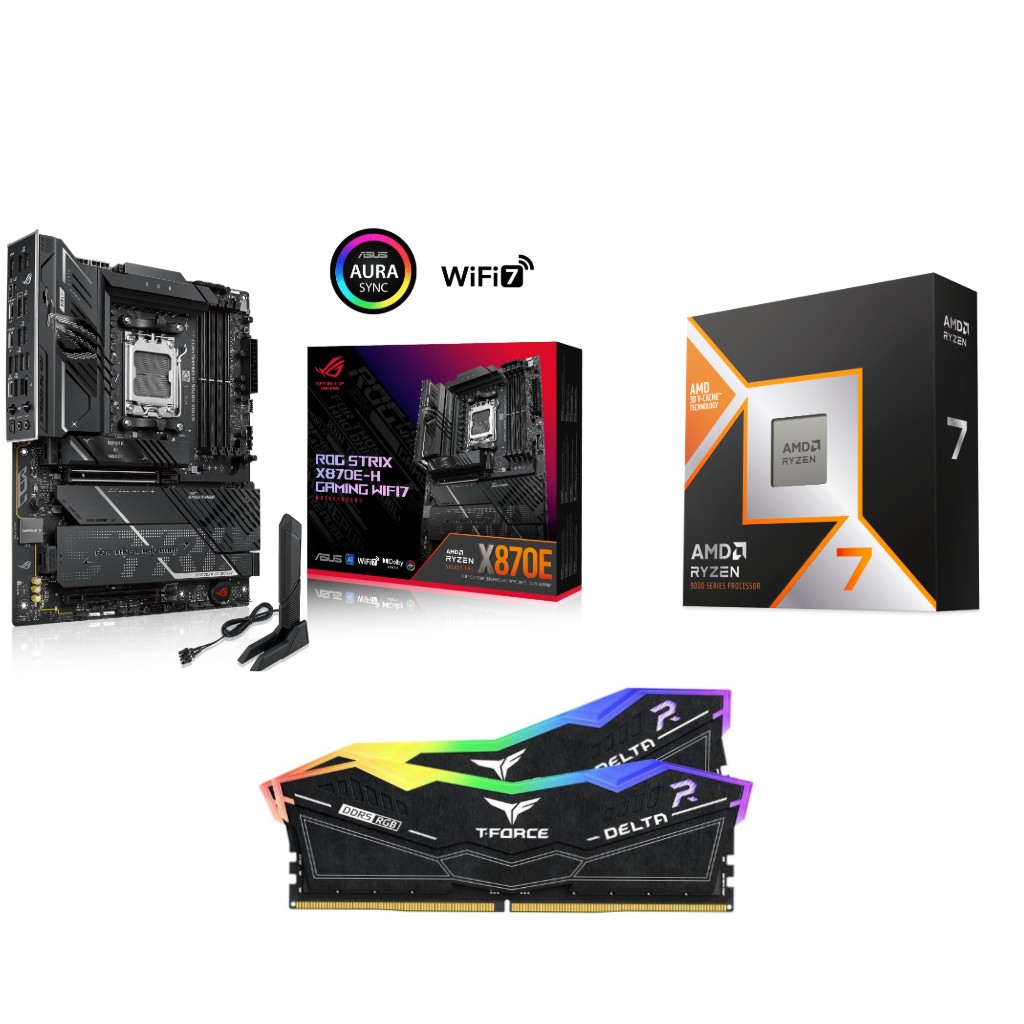 AMD Ryzen 7 9850X3D CPU + ASUS ROG STRIX X870E-H GAMING WIFI7 Carte Mère + T-Force RGB 32GB D5 6000MHz CL30 RAM