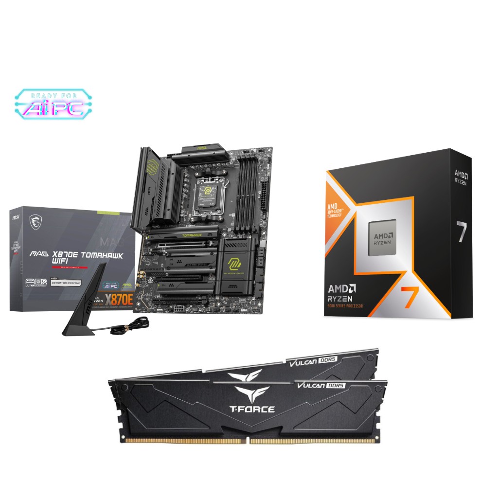 AMD Ryzen 7 9800X3D CPU + MSI MAG X870E TOMAHAWK WIFI Motherboard + T-Force 32GB D5 6000MHz CL30 RAM
