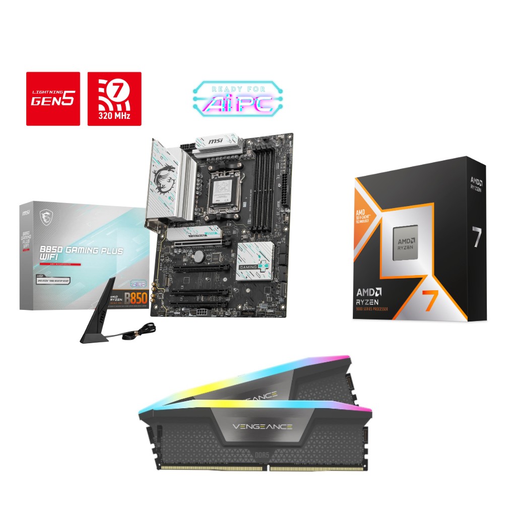 AMD Ryzen 7 9800X3D CPU + MSI B850 GAMING PLUS WIFI Motherboard + CORSAIR VENGEANCE RGB 16GB D5 6000MHz CL36 RAM