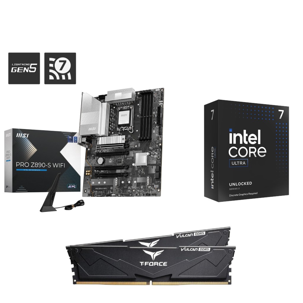 Intel Core Ultra 7 265KF CPU + MSI PRO Z890-S WIFI Motherboard + T-Force 32GB D5 6000MHz CL30 RAM (MSI MU EVENT)