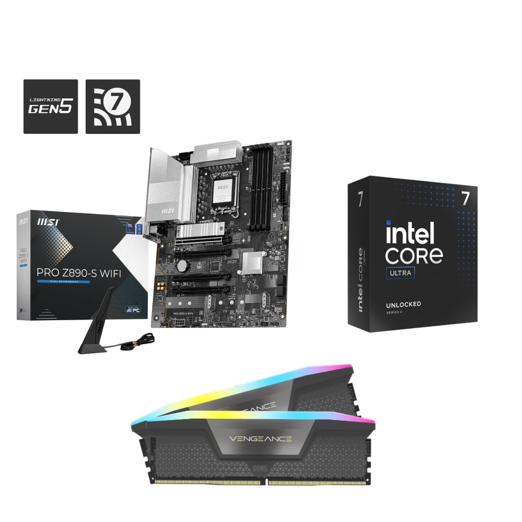 Intel Core Ultra 7 265KF CPU + MSI PRO Z890-S WIFI Carte mère + CORSAIR RGB 32GB D5 6000MHz RAM