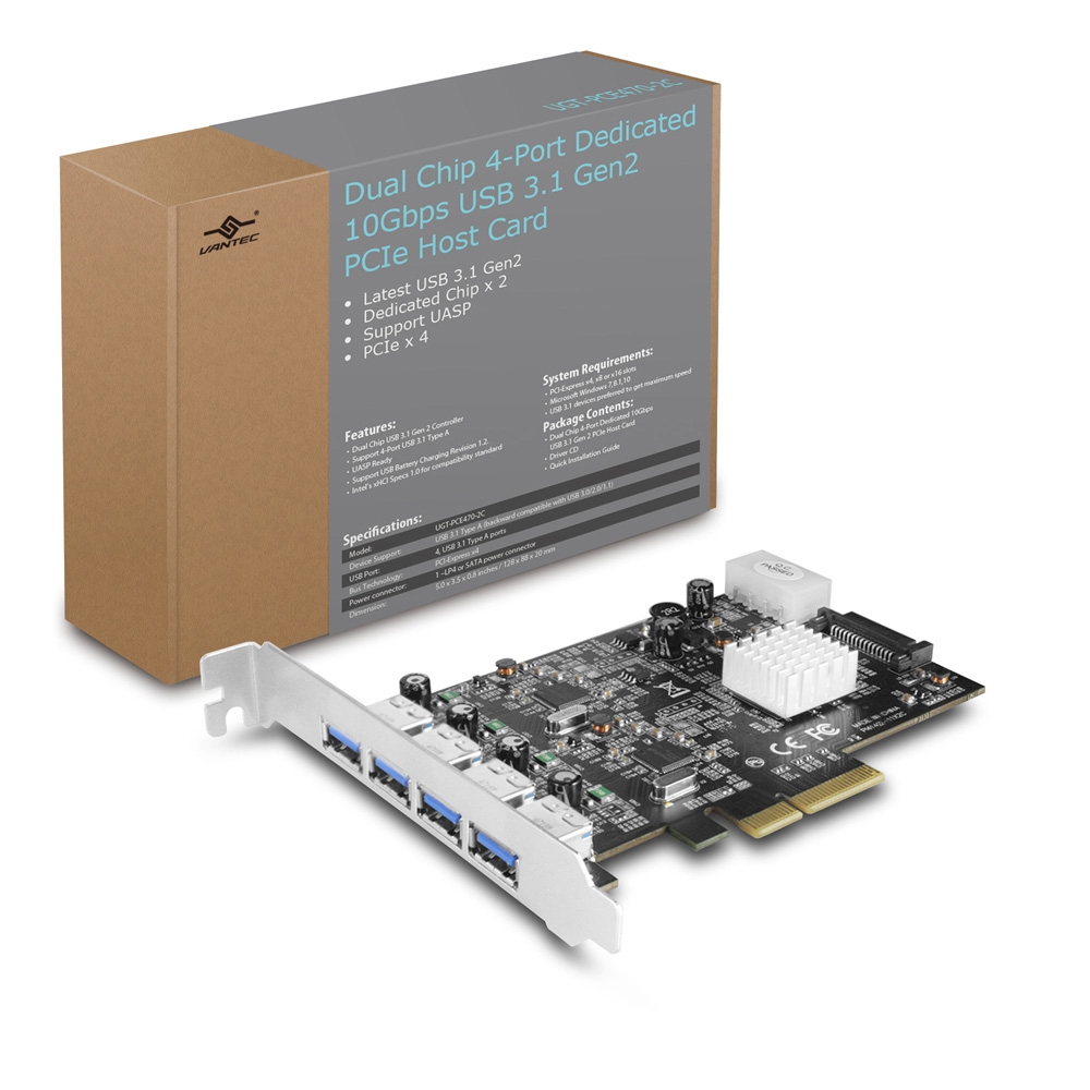 Carte hôte PCIe Vantec Dual Chip 4-Port 10Gbps USB 3.1 Gen 2 dédiée