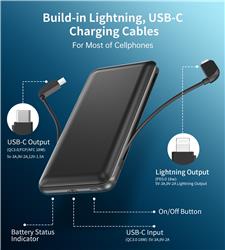 CHOETECH 10000mAh PD + QC Power Bank | Built-in Lighting and Type C Cable | MFI Certificated | Black