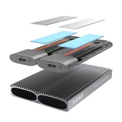 Maiwo K1202P2 Tool Free USB 3.2 Gen2×1 Type-C PCIe NVMe and SATA M.2 SSD Enclosure, Support 2pcs SATA or NVMe M.2 SSD