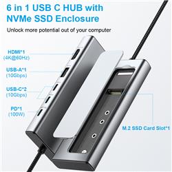 iCAN RSH-D06P USB C M.2 NVMe&SATA SSD Enclosure with 6-in-1 10Gbps HUB Functions(Open Box)