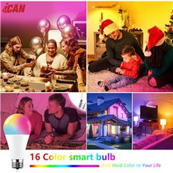 iCAN Smart Light Bulbs, A19 E26 RGBCW Color Changing LED Light Bulb.