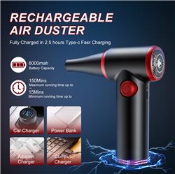 iCAN TAD072 Portable Storm Air Duster, 84000 RPM, 1600 mAh * 3 Battery Powered, 5 V 2 A 60 W, Blowing Force:3.4 OZ, Silver Gray