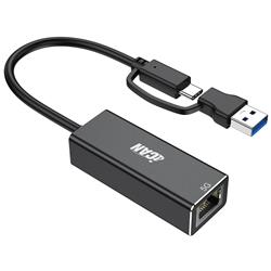 iCAN USB Type-C and USB-A to RJ-45 5G Aluminum Adapter, Black