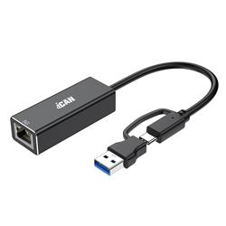 iCAN USB Type-C and USB-A to RJ-45 5G Aluminum Adapter, Black
