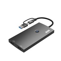 iCAN USB-A3.0 + Type-C to Dual 4K@60Hz HDMI Adapter with PD100W, Supports One Key On/ Off Screen Function