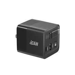 iCAN 65W 2-Port Travel Charger with 2.6ft Type-C Retractable Cable