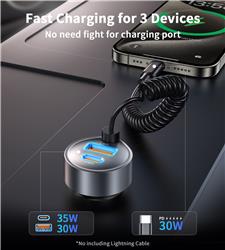 Choetech 65W 3-Port Fast Car Charger with 3.3ft Type-C Cable