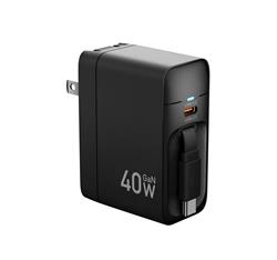 iCAN Chargeur USB-C GaN PD 40 W avec câble Type-C rétractable de 80 cm