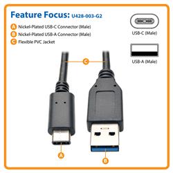 Tripp Lite USB 3.1 Gen 2 (10 Gbps) Cable, USB Type-C (USB-C) to USB-A (M/M), 3 ft | U428-003-G2