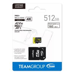 TeamGroup PRO+ 512GB MicroSDXC UHS-I U3 A2 V30 Up to 160 MB/s and 110 MB/s w/Adapter