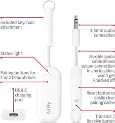 TWELVE SOUTH AirFly Pro Wireless Adapter for Wireless Headphones,White