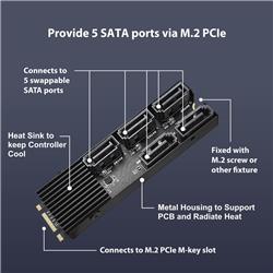 VANTEC-M.2 PCIe Gen3x2 B+M Key To 5 Ports SATA III Expansion Card