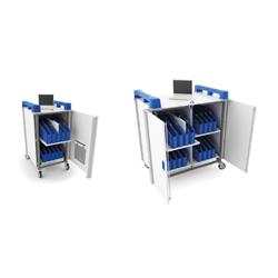 LapCabby Mini 20V Charging Cart for 20 Laptops, Tablets and Chromebooks with Sliding Shelves, Power7 Management System and Simu