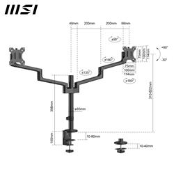 MSI PRO MT81D - Aluminum Dual Monitor Stand Arms, Supports 17-32" Screen and 17.6Ibs, VESA Compatible, Adjustable Desk Mount - 