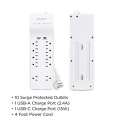 Cyberpower 10-Outlet Surge Protector with USB and 4 ft. cord, White