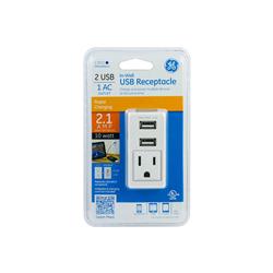 GE Dual Port USB 2.1A 10W Charging In-Wall Receptacle Single Power Outlet - Rapid Charging White (17833)