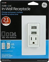 GE Dual USB 2.1 Amp 10W Charging In-Wall Receptacle Single Power Outlet - Rapid Charging White (25336)