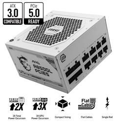 MSI MAG A850GL PCIE 5 White, 850W 80 PLUS Gold Certified Gaming ATX 3.0 Power Supply, Fully-Modular, White Cables, 10 Year Warr