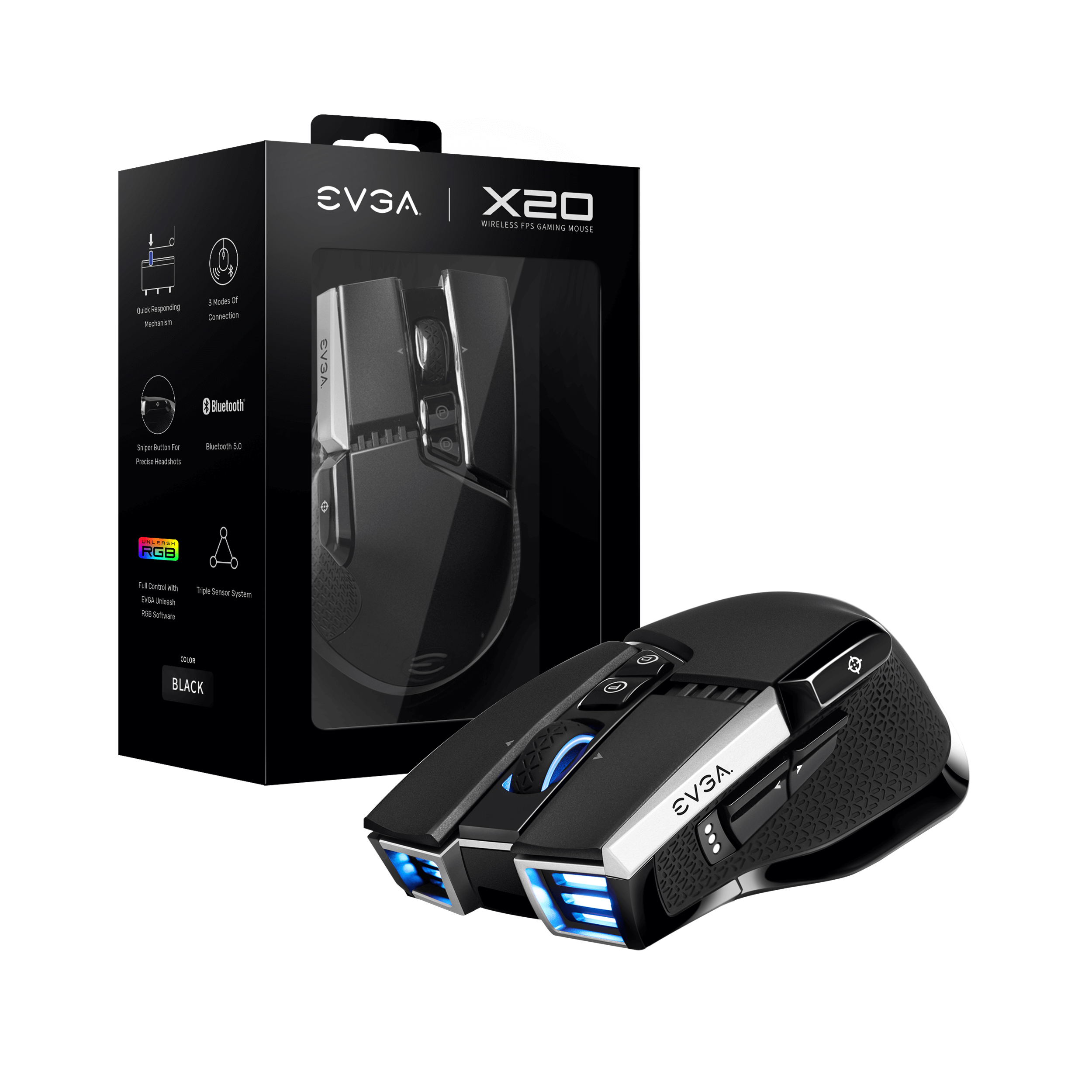 Souris de jeu EVGA X20, sans fil, noire, personnalisable, 16 000 DPI, 5 profils, 10 boutons, ergonomique 903-T1-20BK-KR