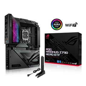 ROG MAXIMUS Z790 HERO BTF Intel® Z790 LGA 1700 ATX motherboard with hidden-connector design and graphics card high-power slot for clean cable management, 20+1+2 power stages, DDR5 support with AEMP II & DIMM Flex, five M.2 slots, PCIe® 5.0 NVMe® SSD slot onboard, PCIe® 5.0 x16 SafeSlot with PCIe® Slot Q-Release Slim, Intel® Wi-Fi 7 with ASUS WiFi Q-Antenna, two Thunderbolt™ 4 ports, AI Overclocking, AI Cooling II, AI Networking, Two-way AI Noise Cancelation, and Aura Sync RGB lighting