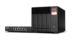 QNAP TS-473A 4-Bay NAS Enclosure with QSW-1105-5T Network Switch, 4 x 2.5/3.5" SATA III Drive Bays, 2 x M.2 2280 SSD Cache Slots, 2.2 GHz AMD Ryzen Embedded V1500B 4-Core, 8GB DDR4 RAM, 2 x 2.5G Ethernet Ports, 5 x 2.5 Gigabit Ethernet Ports, 25 Gb/s Switching Capacity, 12.5 Gb/s Throughput (Non-Blocking), Auto-Negotiation, Loop Detection and Blocking