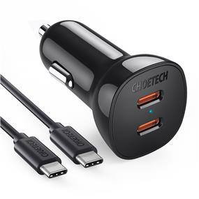 Choetech 36W Dual USB-C PD Car Charger | 1M USB-C to USB-C Cable | Black(Open Box)