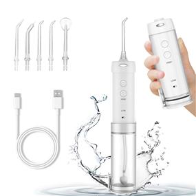 H2ofloss Mini Portable Oral Irrigator Set with 1*Water Flosser + 1*Waterproof Bag + 5*Nozzle Tips, 200ml Tank, 40-110 PSI Water Pressure, IPX7 Waterproof, 5 Work Modes, LED Indicator Color, Package Including 1 USB Cable + 1 User Manual, White.