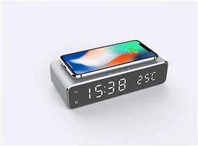 iCAN Wireless Charger, Digital Time And Temperature Display, Silver