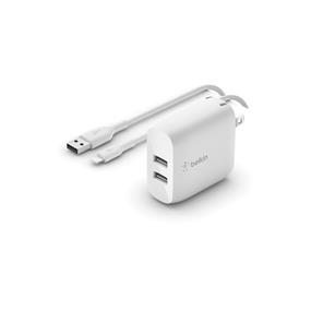 Belkin WCD001DQ1MWH BoostCharge 24W Dual USB-A Wall Charger with Lightning to USB-A Cable