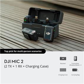 DJI Mic 2 (2 TX + 1 RX + Charging Case) Wireless Digital Microphone | All-In-One Ready To Use | Premium High-Quality Audio Recording | Pocket-Sized Pro Audio | 14-Hour Internal Recording & 32-bit Float Internal Recording | Intelligent Noise Cancelling | 250m (820ft Range) | 18-Hour Battery (2 Transmitters + 1 Receiver + Charging Case)