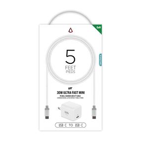 LBT Ultra Fast PD 30W GaN Wall Charger + 5 ft. USB-C to C Cable (White)