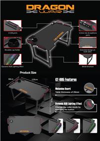 DragonWar Gaming Desk, RGB, 122*68*76cm, 18mm Wooden Desktop, 4*USB 3.0 Hub & Headset/Mic Jack, Black