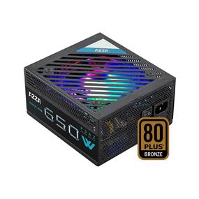 AZZA PSAZ-650W-ARGB, 650W ATX 80 PLUS BRONZE Certified Gaming Power Supply  - 87.96% efficiency under typical load - Intel ATX12V - Single +12V Rail - 120mm ARGB Fan RGB Lighting Effect - 2x 6+2-pin PCI-E Connectors, Protective Features UVP OVP OPP OCP SCP Safety Certifications FCC CE TUV RoHS RCM, EN/FR Bilingual Package