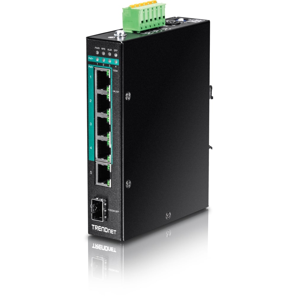 TRENDnet (TI-PG541) 5-Port Hardened Industrial Gigabit PoE+ DIN-Rail Switch - 5 Network, 1 Expansion Slot - Twisted Pair - 2 La