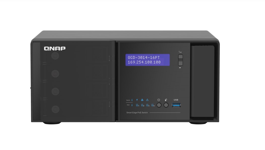 QNAP (QGD-3014-16PT) 14 1GbE RJ45 PoE ports(IEEE 803.3at PoE ++ supply 30W), 2 1GbE SFP+/RJ45 combo PoE ports(IEEE 803.3at PoE 