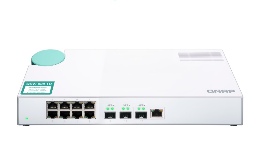 QNAP (QSW-308-1C) 8-Port unmanage 1GbE switch. Eight 1GbE NBASE-T ports, Three 10GbE SFP+ with shared one 10GBASE-T ports  unma