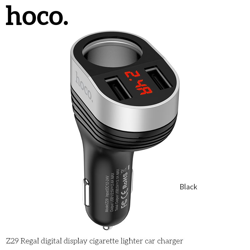 HOCO Dual USB-A Car Charger, Regal Digital Display Cigarette Lighter